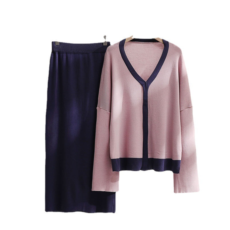 Damen elegantes Strick-Kombinationsset mit tiefem V-Ausschnitt und Kontrastdetails Drune