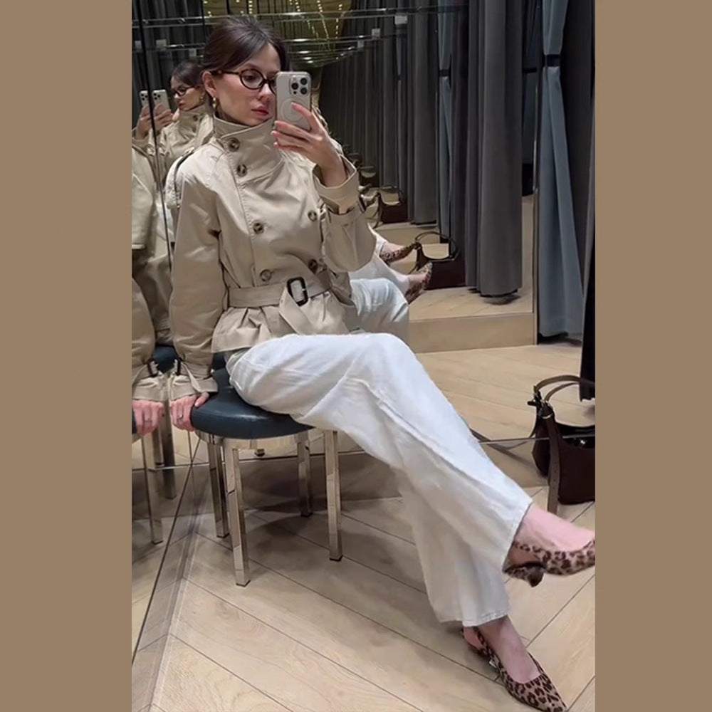 Damen trendige Kurzjacke im modernen Trenchcoat-Stil mit breitem Kragen und Taillengürtel Drune