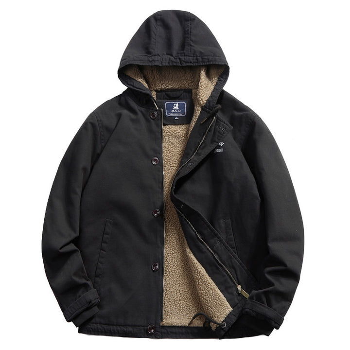 Herren Baumwoll-Canvas Kapuzenblouson mit durchgehendem Teddyfutter, verdeckter Knopf- und Reißverschlussleiste und Innentasche Drune