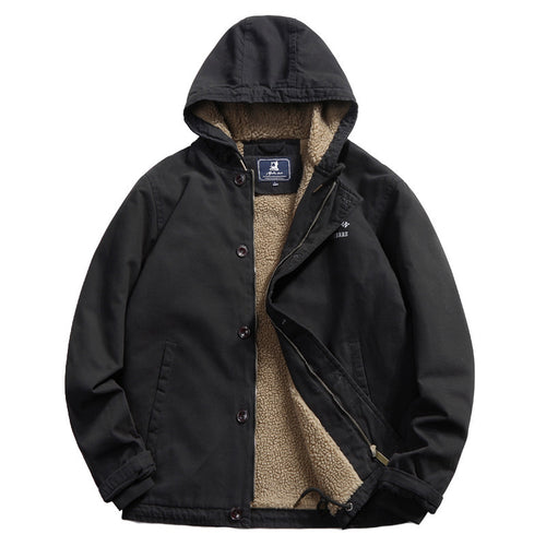 Herren Baumwoll-Canvas Kapuzenblouson mit durchgehendem Teddyfutter, verdeckter Knopf- und Reißverschlussleiste und Innentasche Drune