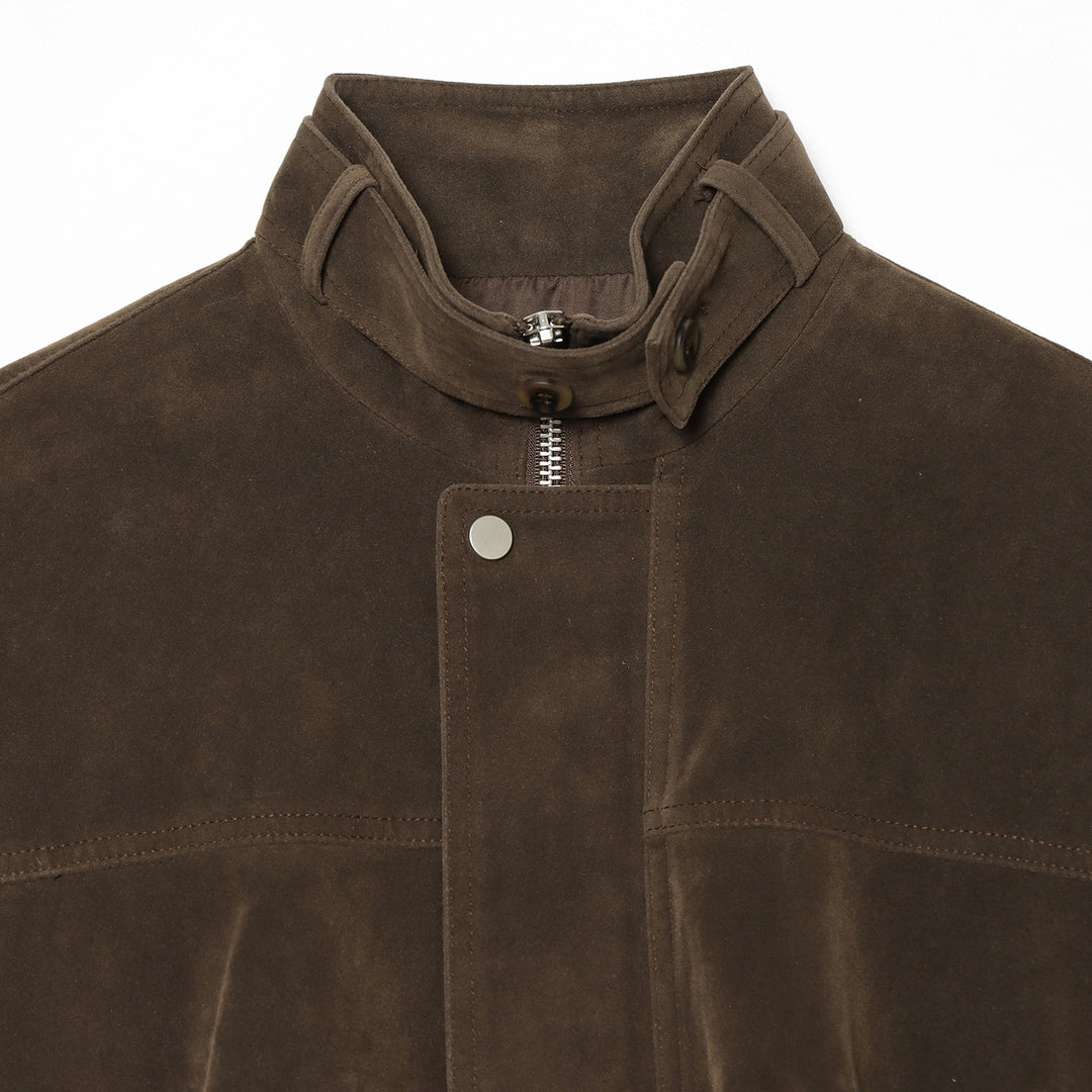 Damen nan kastiger Cropped Veloursleder-Blouson mit Stehkragen und diagonalem Reißverschlusstaschen-Detail Drune