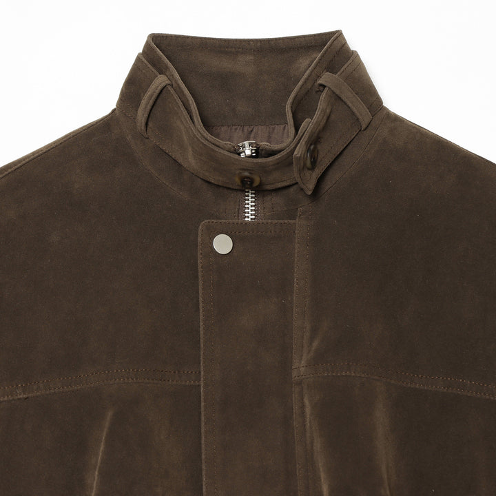 Damen nan kastiger Cropped Veloursleder-Blouson mit Stehkragen und diagonalem Reißverschlusstaschen-Detail Drune