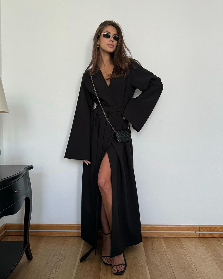 Damen Maxi-Kleid mit schickem V-Ausschnitt und weiten Ärmeln Drune