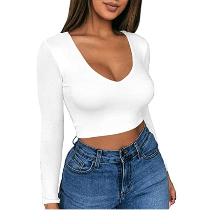 Damen modisches Crop-Top mit tiefem V-Ausschnitt und langen Ärmeln Drune