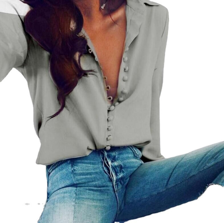 Damen nan seidige V-Bluse mit verdeckter Stoffknopfleiste und legerer Passform Drune