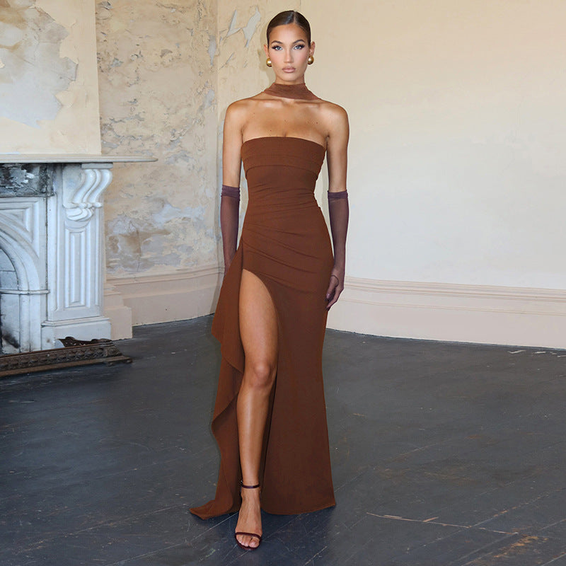 Damen Elegantes Trägerkleid mit seitlicher Drapierung und hochgeschlossenem Ausschnitt Drune