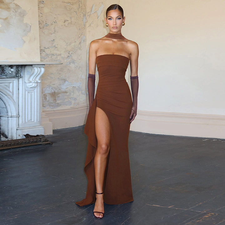 Damen Elegantes Trägerkleid mit seitlicher Drapierung und hochgeschlossenem Ausschnitt Drune