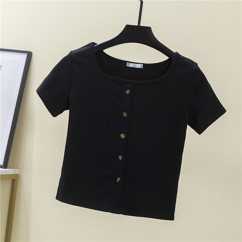 Damen Kurzarmshirt mit dekorativer Knopfleiste und modernem Rippenstrick Drune