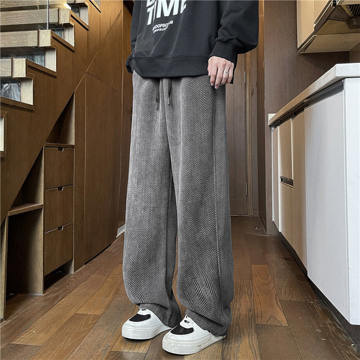 Herren Weit geschnittene Loungehose mit Fischgrätstruktur, elastischem Bund und Tunnelzug Drune