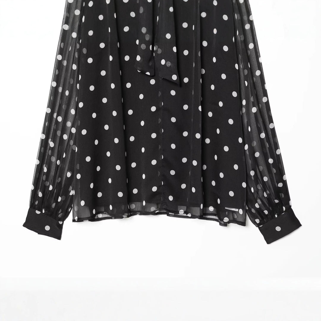 Damen Chiffonbluse mit Polka-Dot, Schleifenbindekragen und transparenten Ballonärmeln Drune