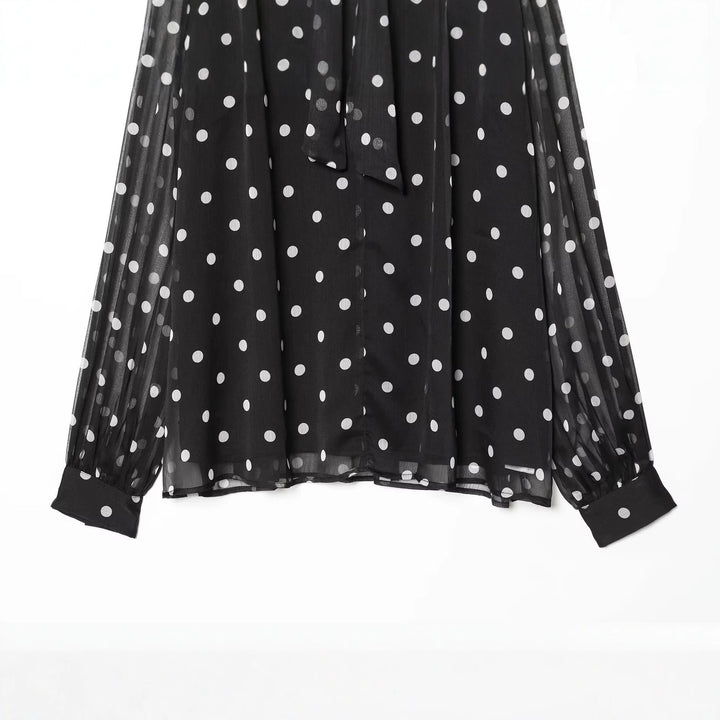 Damen Chiffonbluse mit Polka-Dot, Schleifenbindekragen und transparenten Ballonärmeln Drune