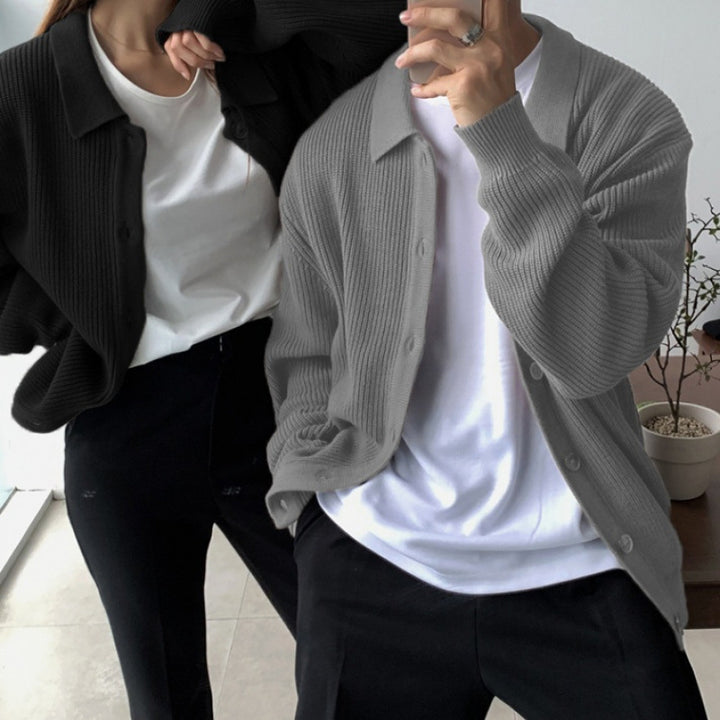 Unisex Grobgerippte Strickjacke mit Hemdkragen und durchgehender Knopfleiste Drune