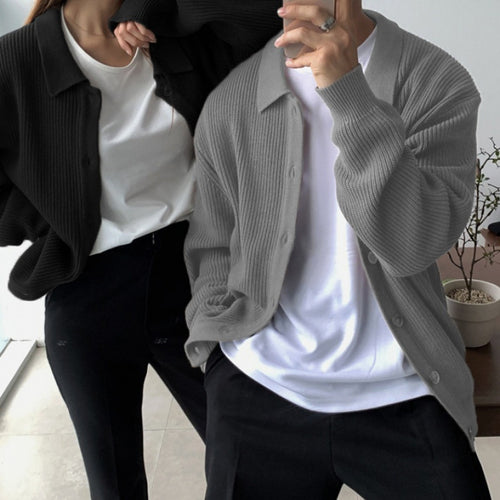 Unisex Grobgerippte Strickjacke mit Hemdkragen und durchgehender Knopfleiste Drune