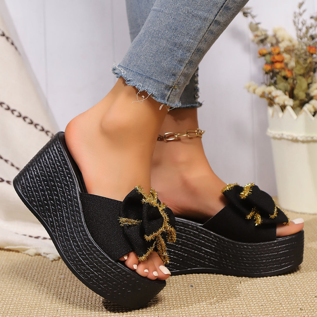 Damen nan Keil-Pantolette mit großer Schleife und funkelnder Zierborte Drune