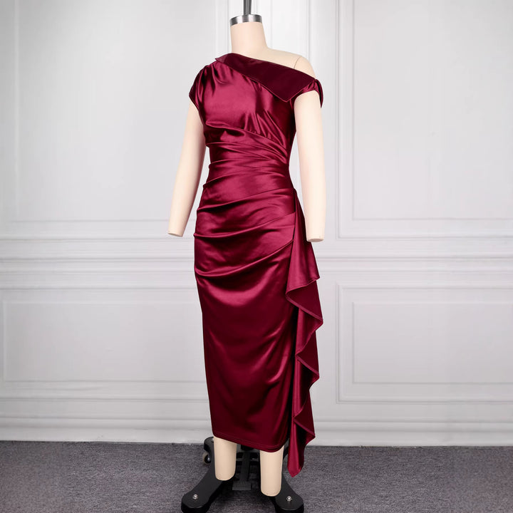 Damen elegantes Satin Abendkleid mit asymmetrischen Rüschendetails Drune