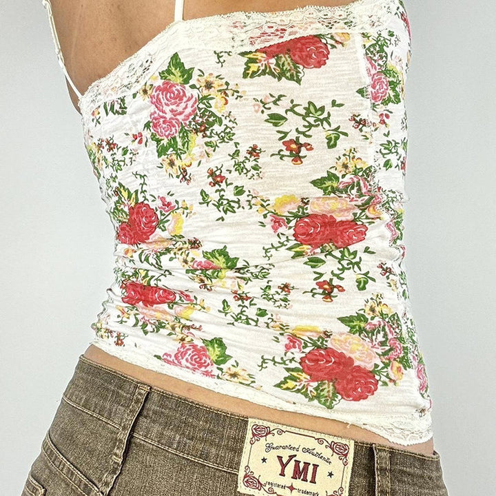 Damen Top mit Spitzenbesatz und floralen Mustern Drune