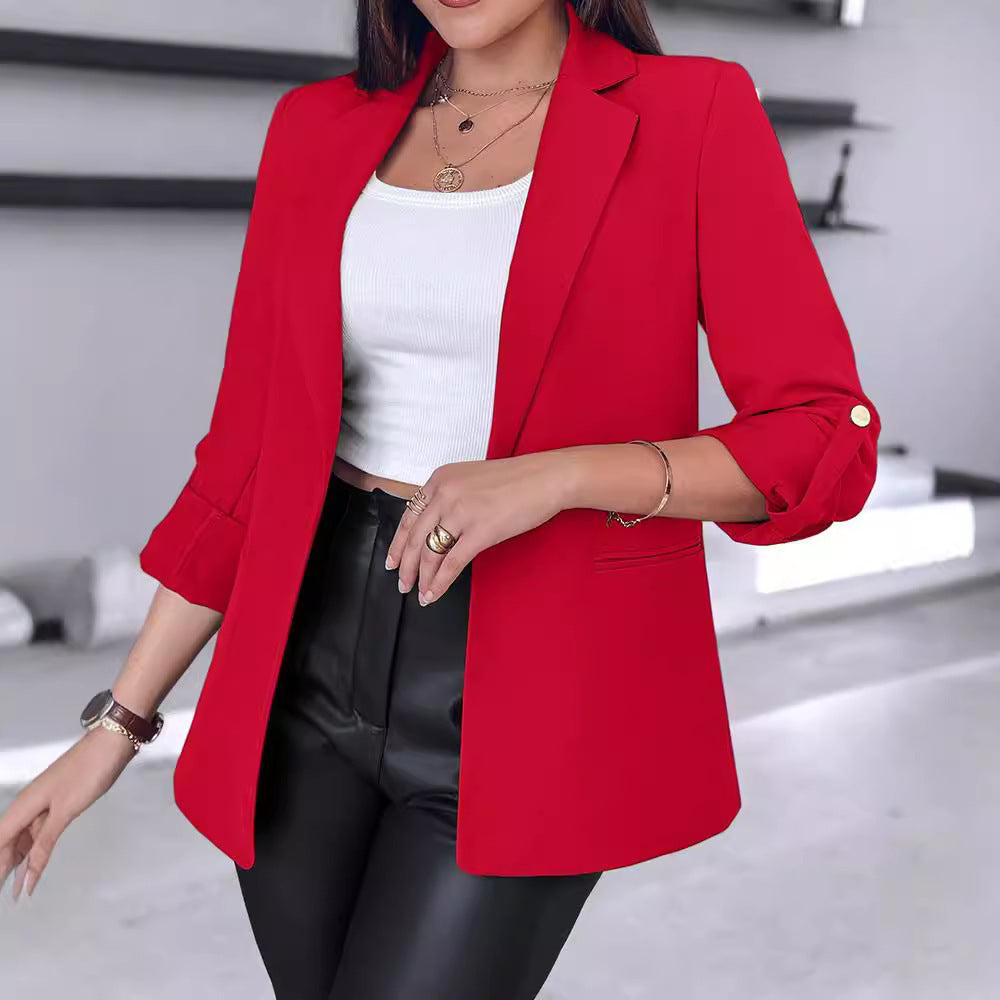 Damen lässiger Blazer mit aufgeknöpften Ärmeln und taillierter Passform Drune