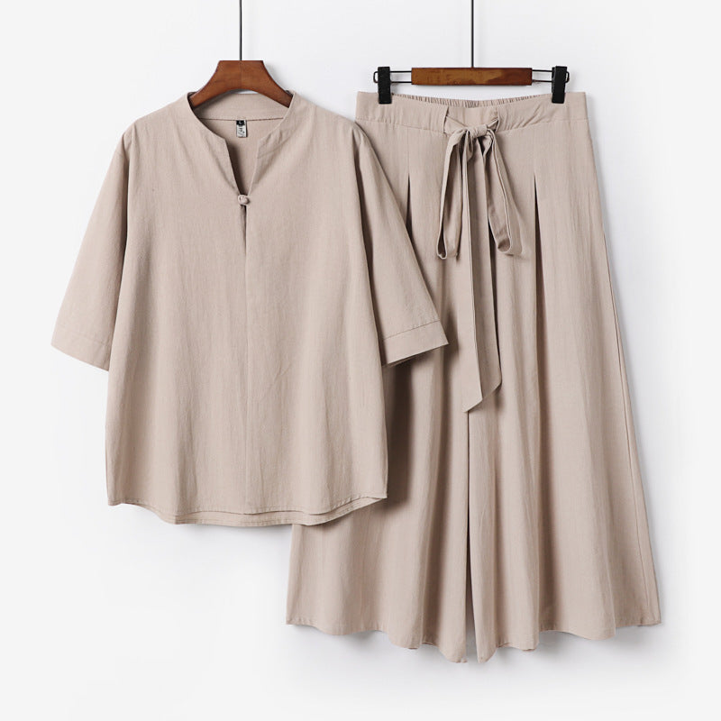 Damen Lässiges Leinen-Viskose Lounge-Set mit Stehkragen-Oberteil und weiten Palazzo-Hose Drune