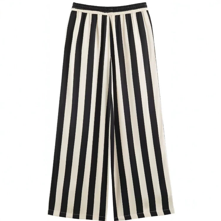 Damen Weite High‑Waist Palazzohose mit vertikalem Streifenmuster und elastischem Bund Drune