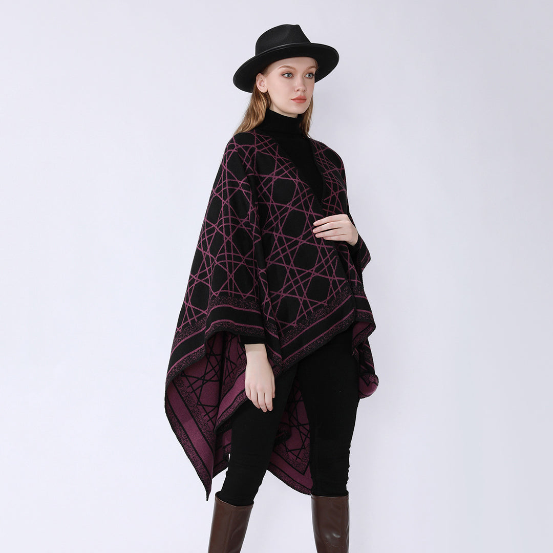 Damen Wendbarer Jacquard-Capeponcho mit geometrischem Allovermuster und offenem Kimono-Fall Drune