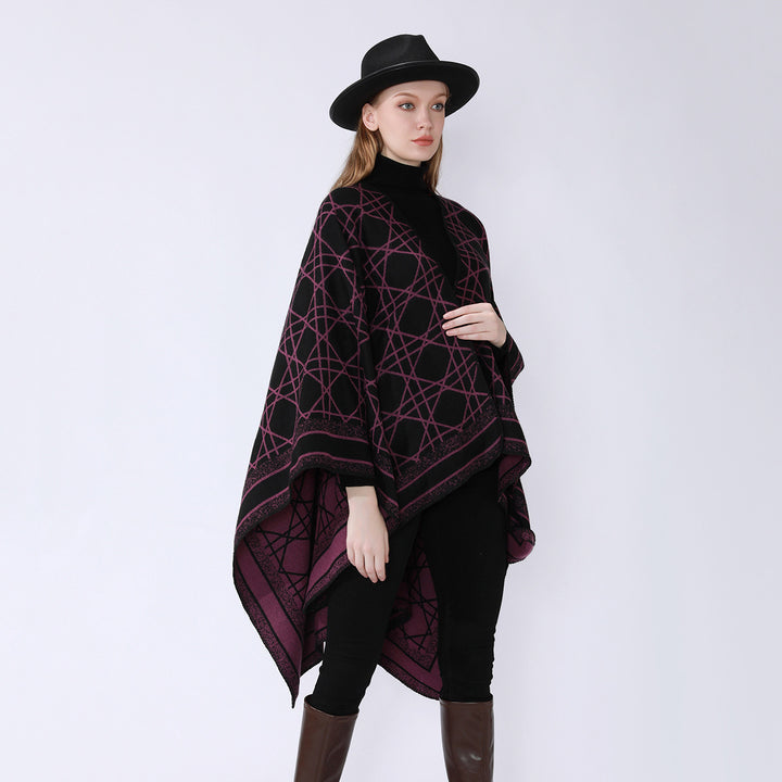 Damen Wendbarer Jacquard-Capeponcho mit geometrischem Allovermuster und offenem Kimono-Fall Drune