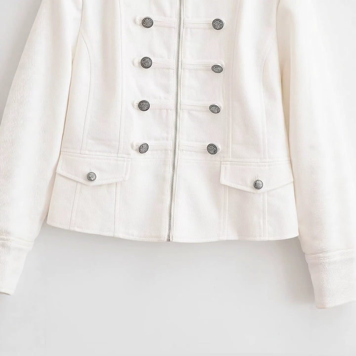 Damen Kurze Uniformjacke mit Stehkragen, Zierriegeln und Metallknopf‑Detail Drune