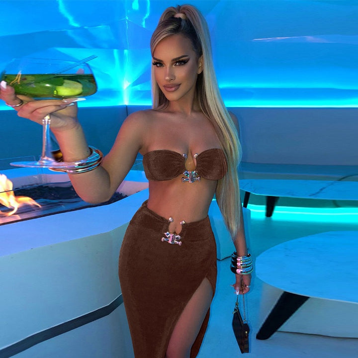 Damen Stylisches Bandeau-Top und Maxi-Rock Set mit hohem Schlitz und eleganten Details Drune
