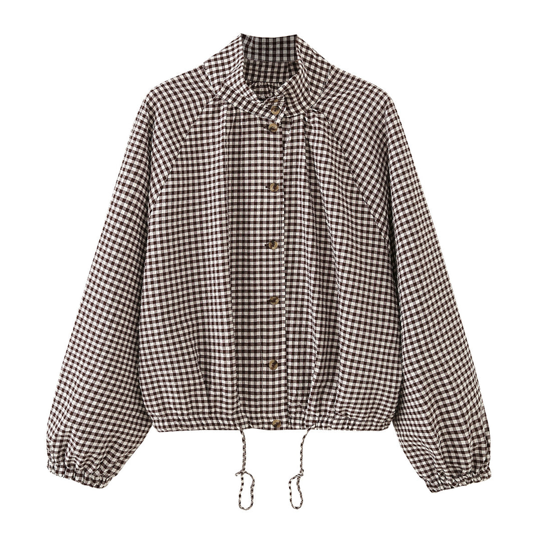 Damen Kariertes Oversize-Blouson mit Tunnelzug und Stehkragen Drune