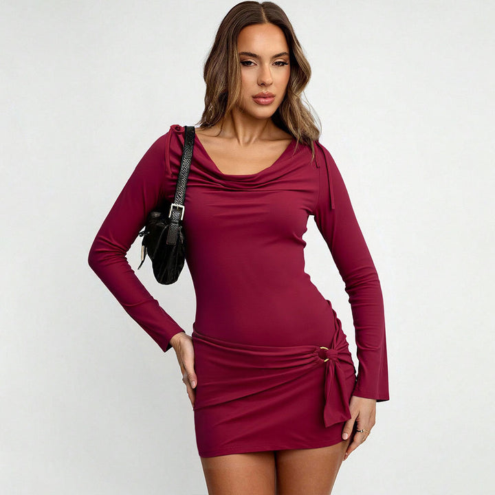 Damen figurbetontes Stretch-Minikleid mit Wasserfallkragen, langen Ärmeln und seitlicher Knotendrapierung Drune