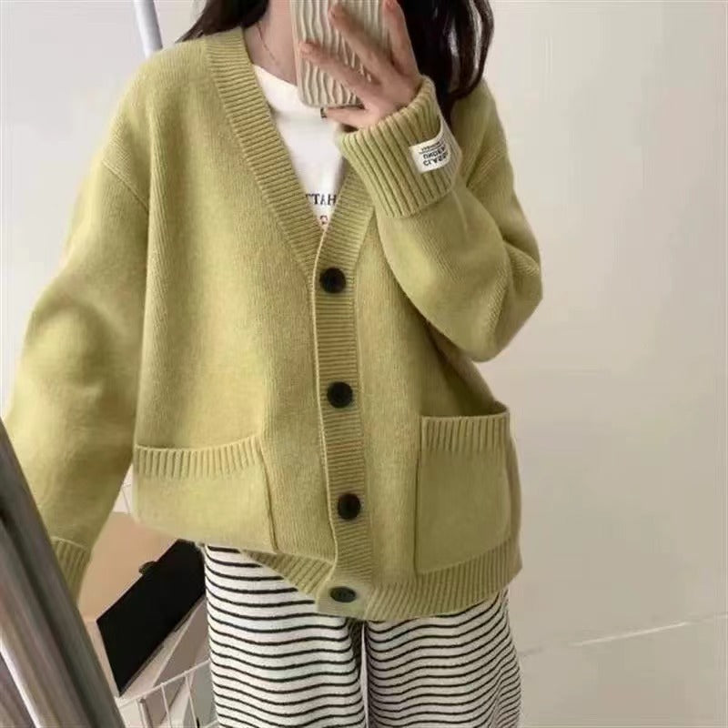 Damen Gemütliche Strickjacke mit tiefem V-Ausschnitt und großen Taschen Drune