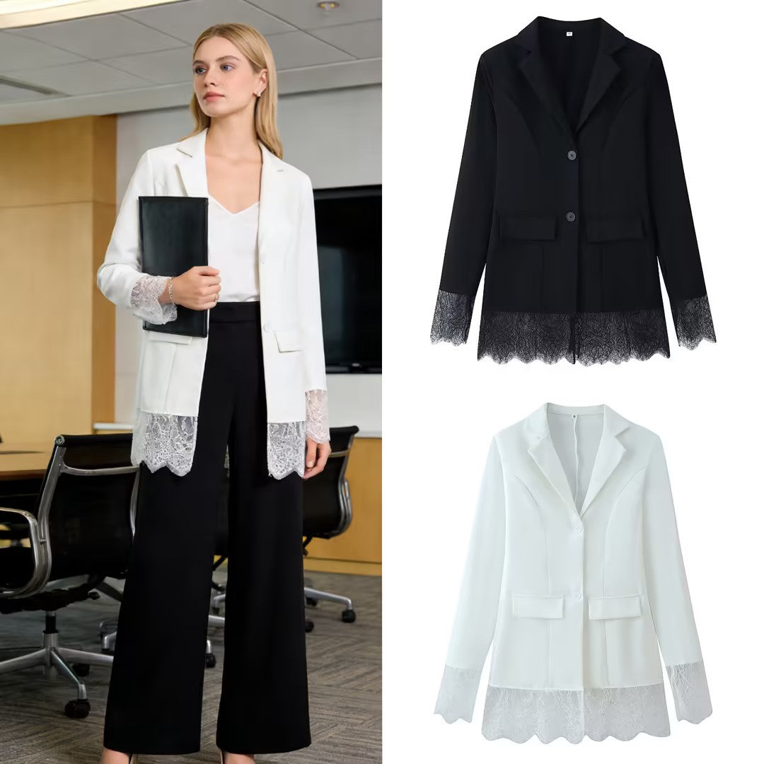 Damen Taillierter Einreihiger Blazer mit Spitzensaum und Spitzenmanschetten Drune