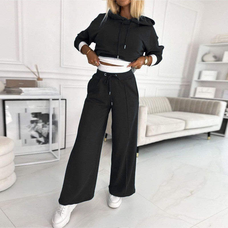 Damen nan Cropped Kapuzenpullover und weite taillenhohe Jogginghose Set Drune