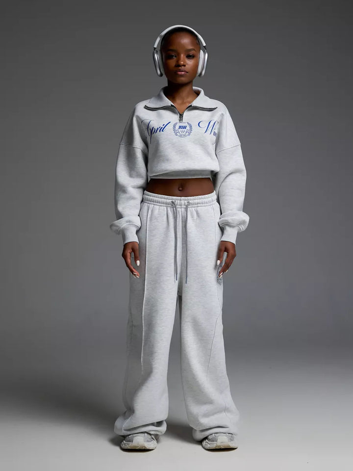 Damen Cropped Halbzip-Sweatshirt mit weitem High‑Waist Loungehose Set Drune