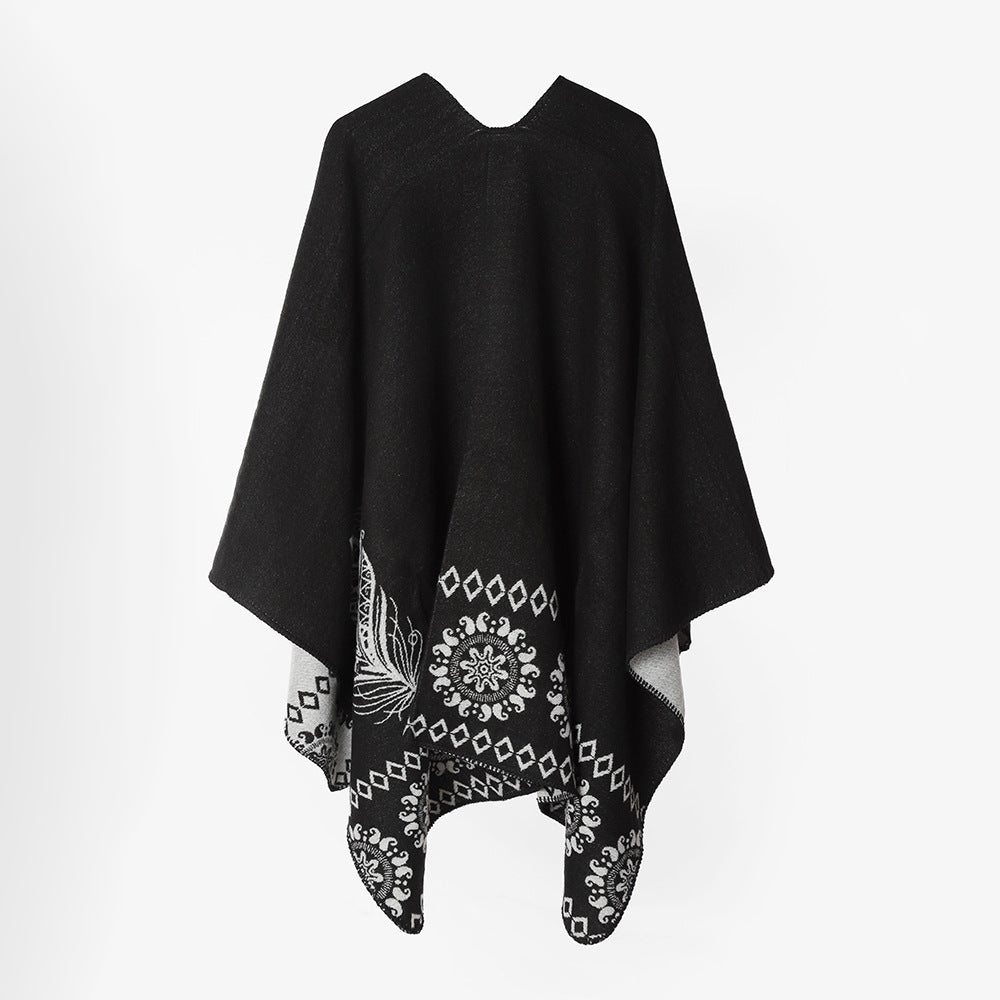 Damen Reversibler Muster-Capeponcho aus Wollmix mit floralen Medaillon-Details Drune