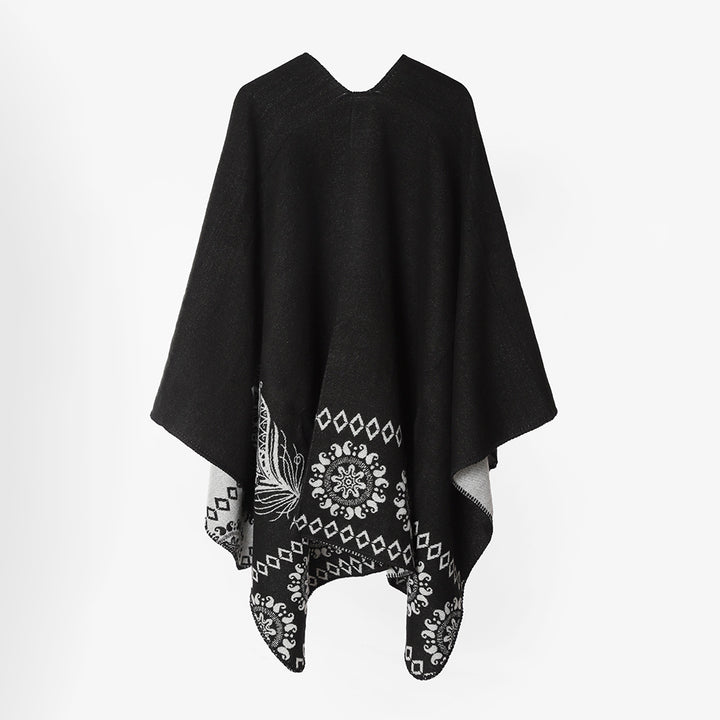 Damen Reversibler Muster-Capeponcho aus Wollmix mit floralen Medaillon-Details Drune