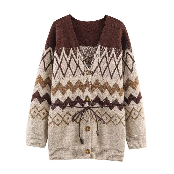 Damen nan Oversize Strickcardigan mit Norweger‑Muster, V‑Ausschnitt, Knopfleiste und Taillenbindegürtel Drune