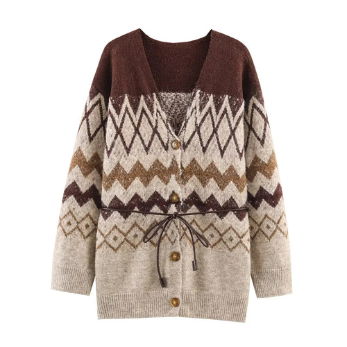Damen nan Oversize Strickcardigan mit Norweger‑Muster, V‑Ausschnitt, Knopfleiste und Taillenbindegürtel Drune