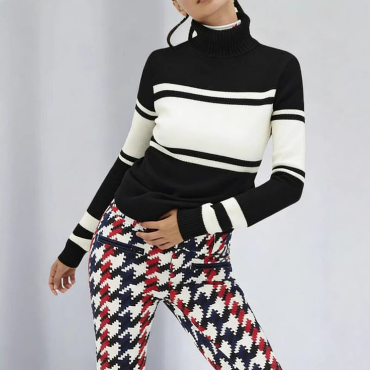Damen langes Rollkragen Strickkleid mit Sternmotiv, Blockstreifen und elastischem Rippbündchen Drune