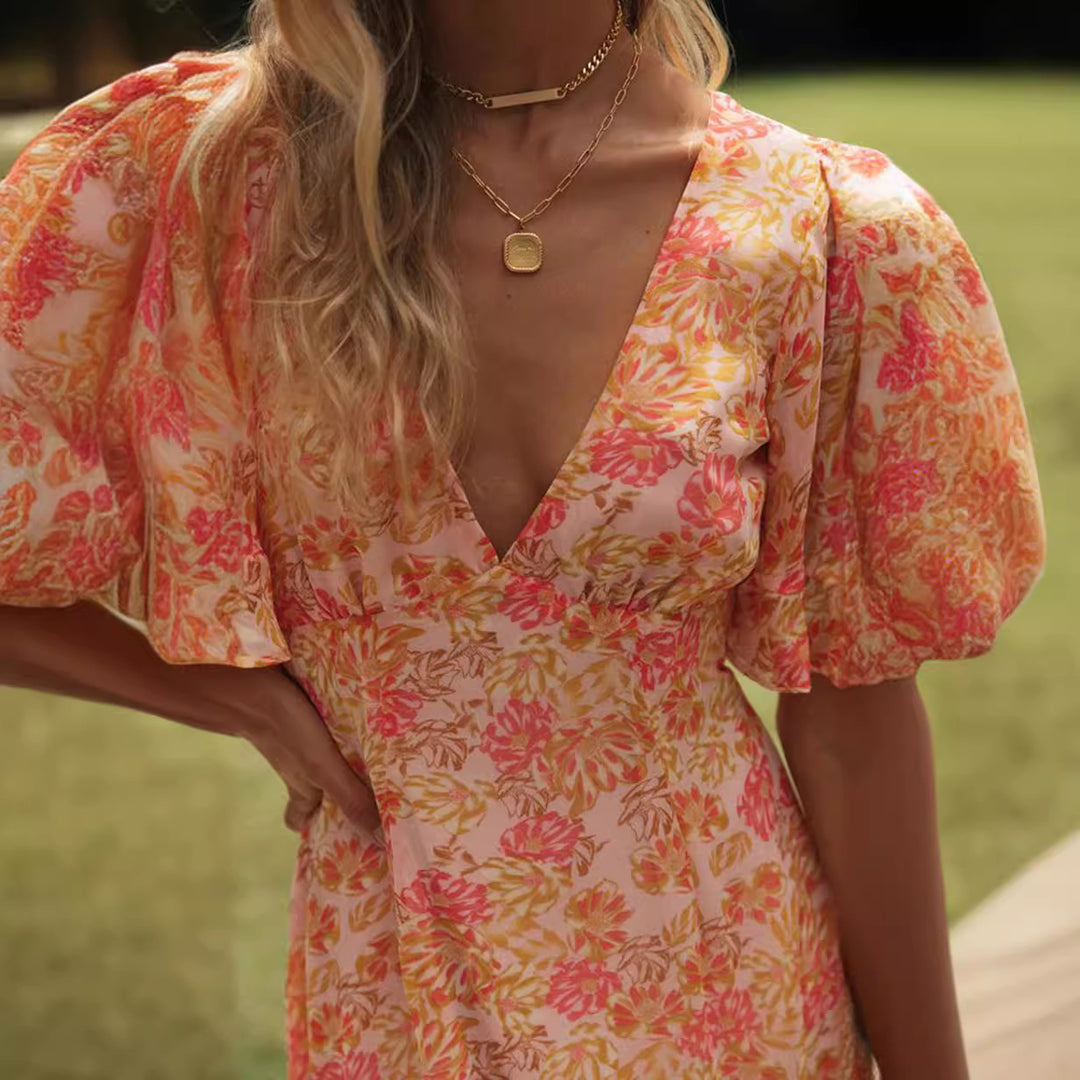 Damen Mini-Wickelkleid mit voluminösen Ärmeln und romantischem Rückenausschnitt Drune