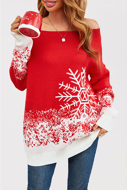 Damen Weihnachtsstrickpullover mit lässigem Schnitt und Schneeflocken-Motiv Drune