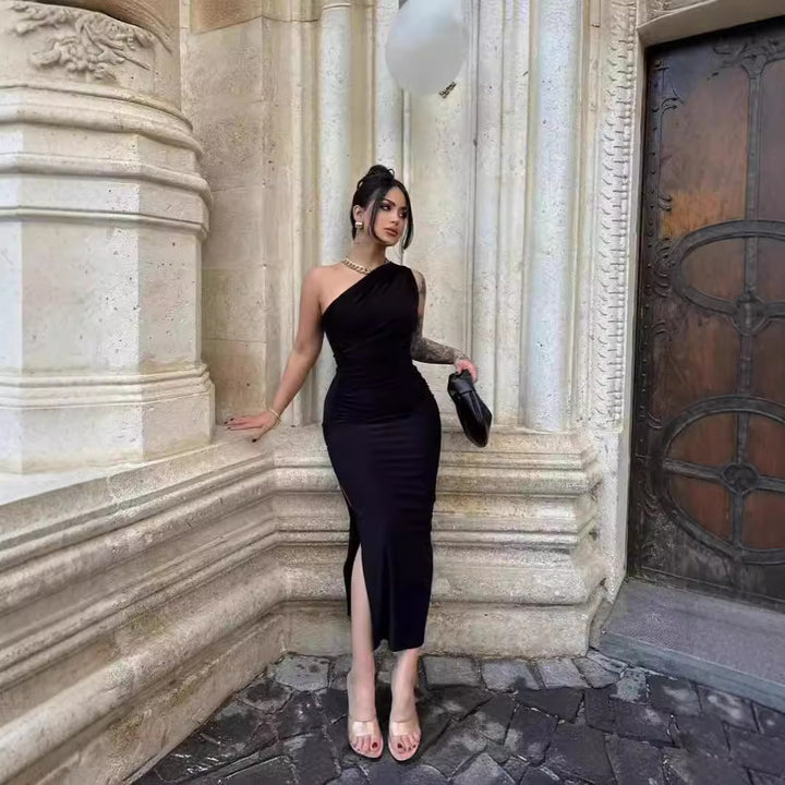 Damen elegantes langärmliges Maxikleid mit asymmetrischem Ausschnitt und Rüschendetails Drune