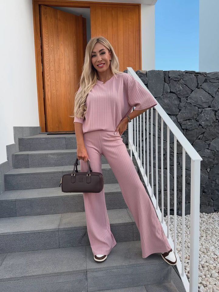 Damen Feines Rippstrick‑Zweiteiler mit Relaxed‑Crewneck und ausgestellter Palazzo‑Hose Drune