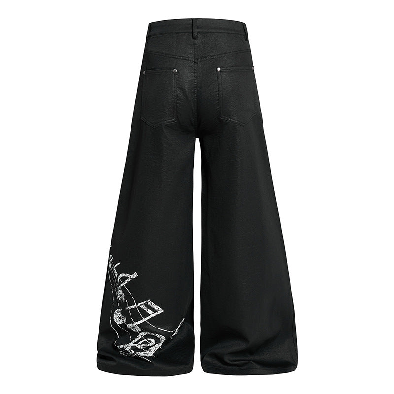 Damen Weite hochgeschnittene Palazzo-Hose mit beschichteter Lederoptik, extra weitem Bein und Statement-Print Drune