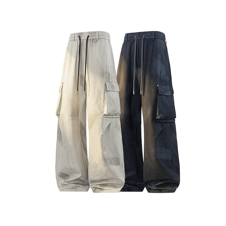 Damen Weite Cargo-Hose im Baggy-Stil mit Tunnelzugbund, Multifachtaschen und Used-Waschung Drune