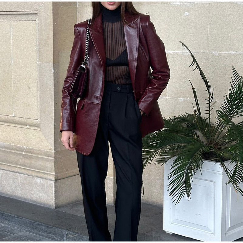 Damen Glattleder-Blazer mit strukturierter Schulterpartie und verlängertem Schnitt Drune