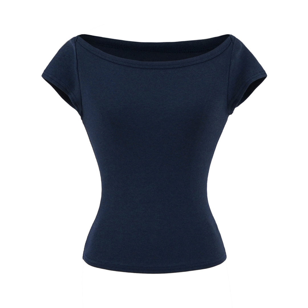 Damen figurbetontes Kurzarmshirt mit weitem Rundhalsausschnitt und feiner Rippstruktur Drune