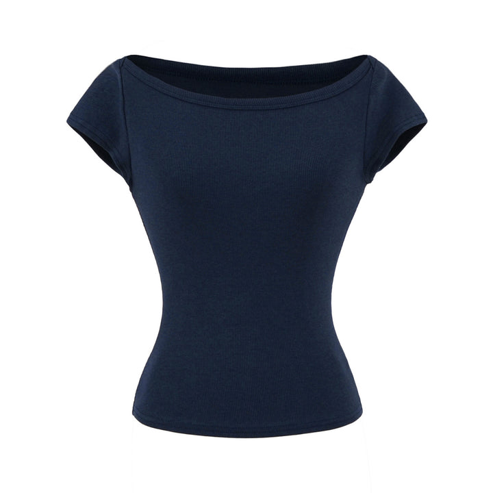 Damen figurbetontes Kurzarmshirt mit weitem Rundhalsausschnitt und feiner Rippstruktur Drune