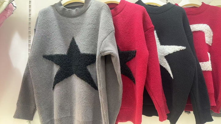 Damen gemütlicher Pullover mit großem Sternmotiv Drune