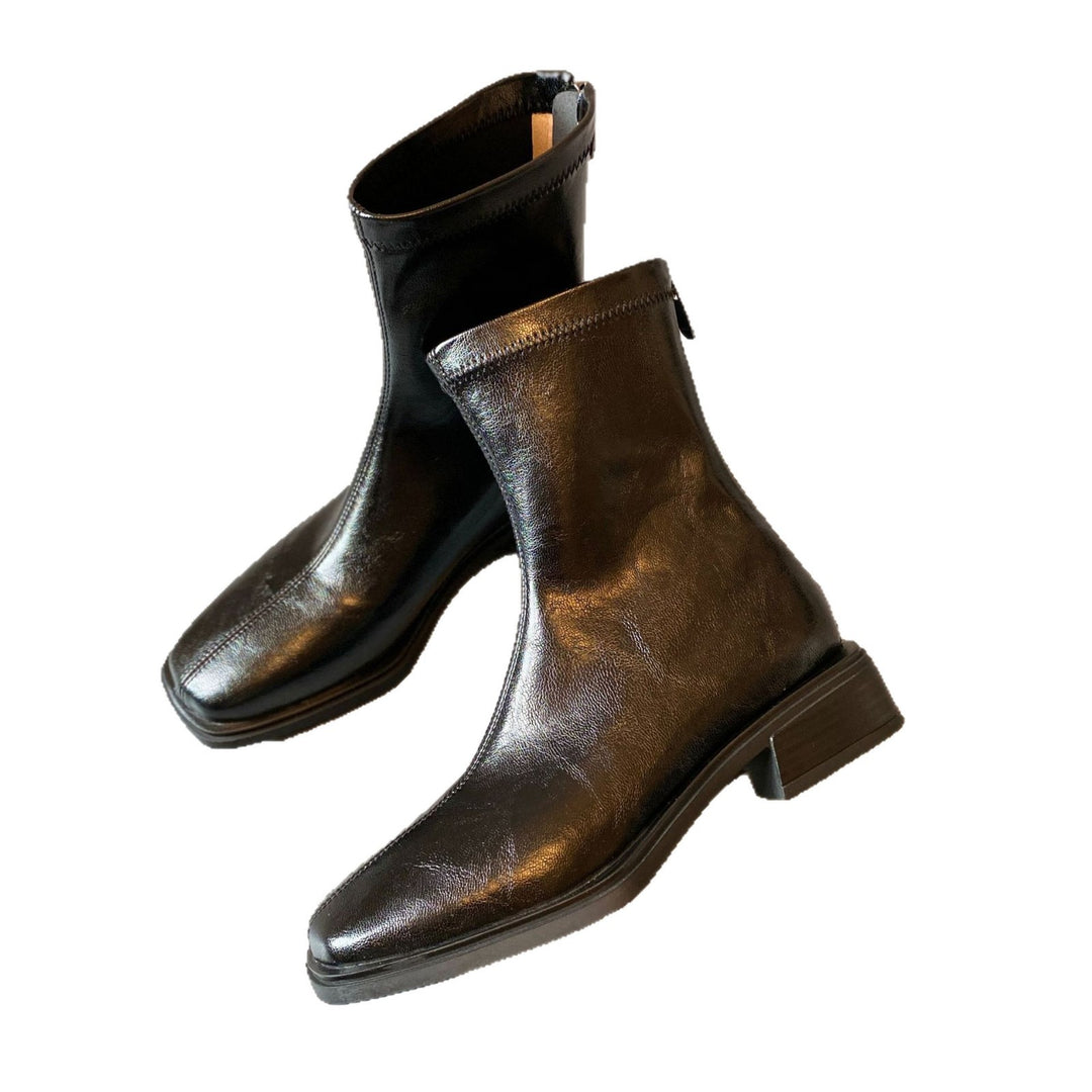 Damen Stiefelette im Reitstiefel‑Look aus softem Glattleder mit quadratischer Kappnaht und gestapeltem Blockabsatz Drune