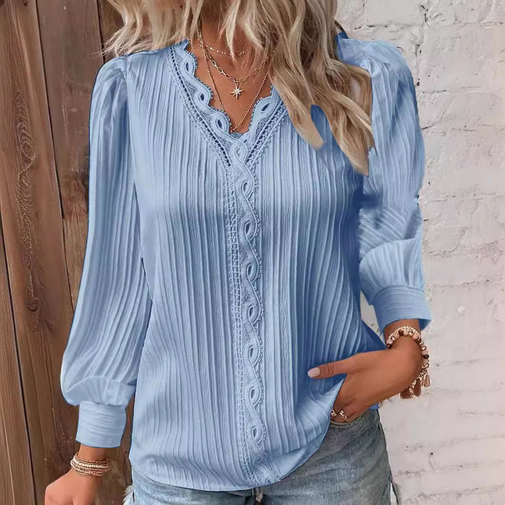 Damen nan romantische V-Ausschnitt Spitzenbluse mit Plissee und Puffärmeln Drune